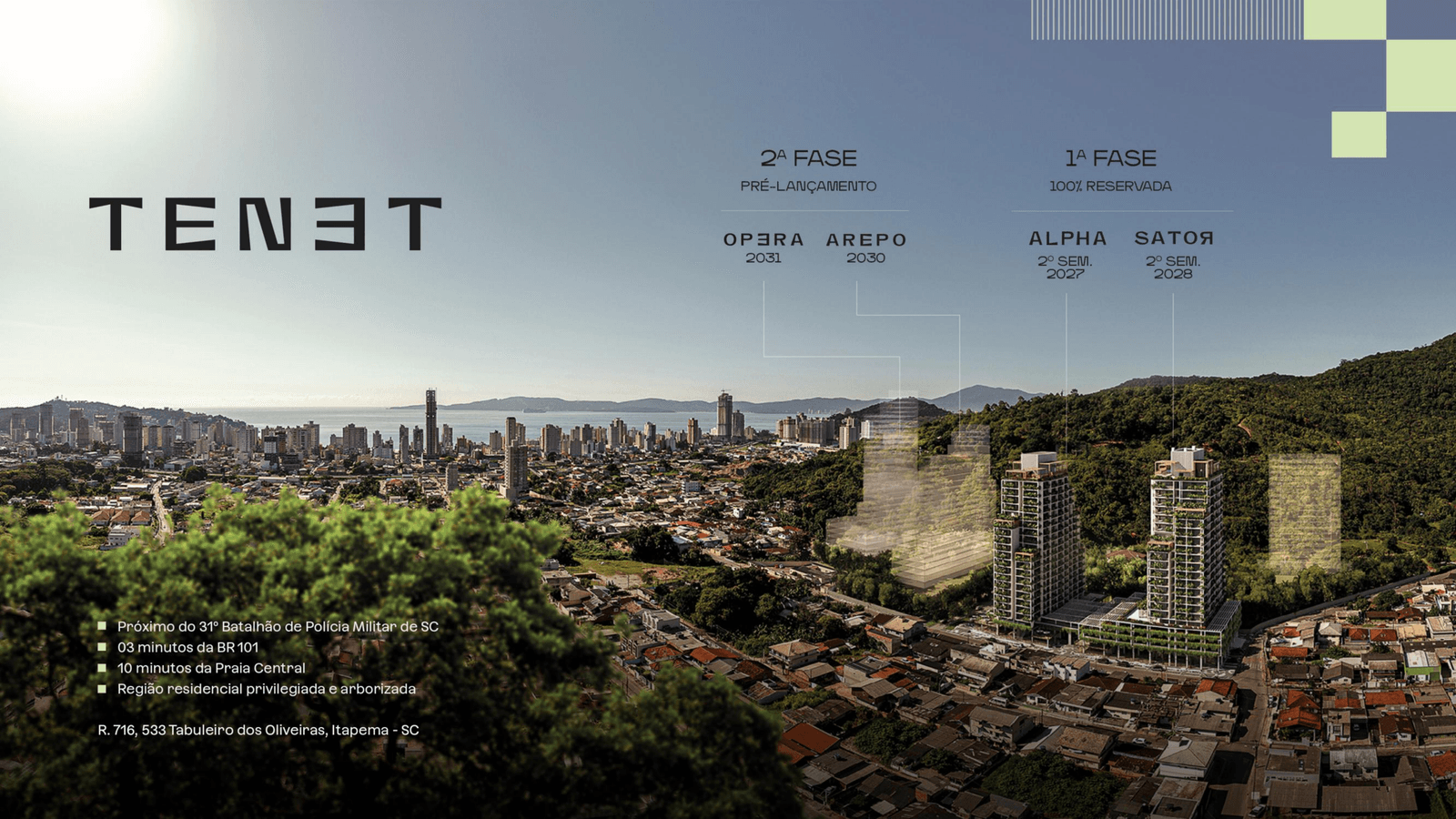 Implantação e linha do tempo do Tenet Art Home District — Itapema